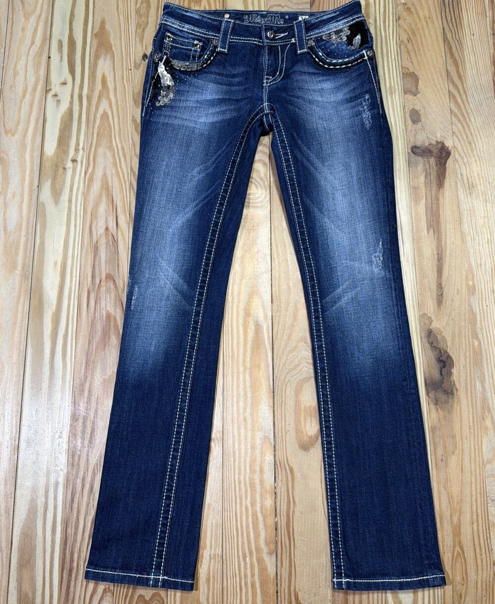 Miss Me Straight Leg Denim Jeans Dark Wash Big Bling Flap Pocket Size 26 NWOT